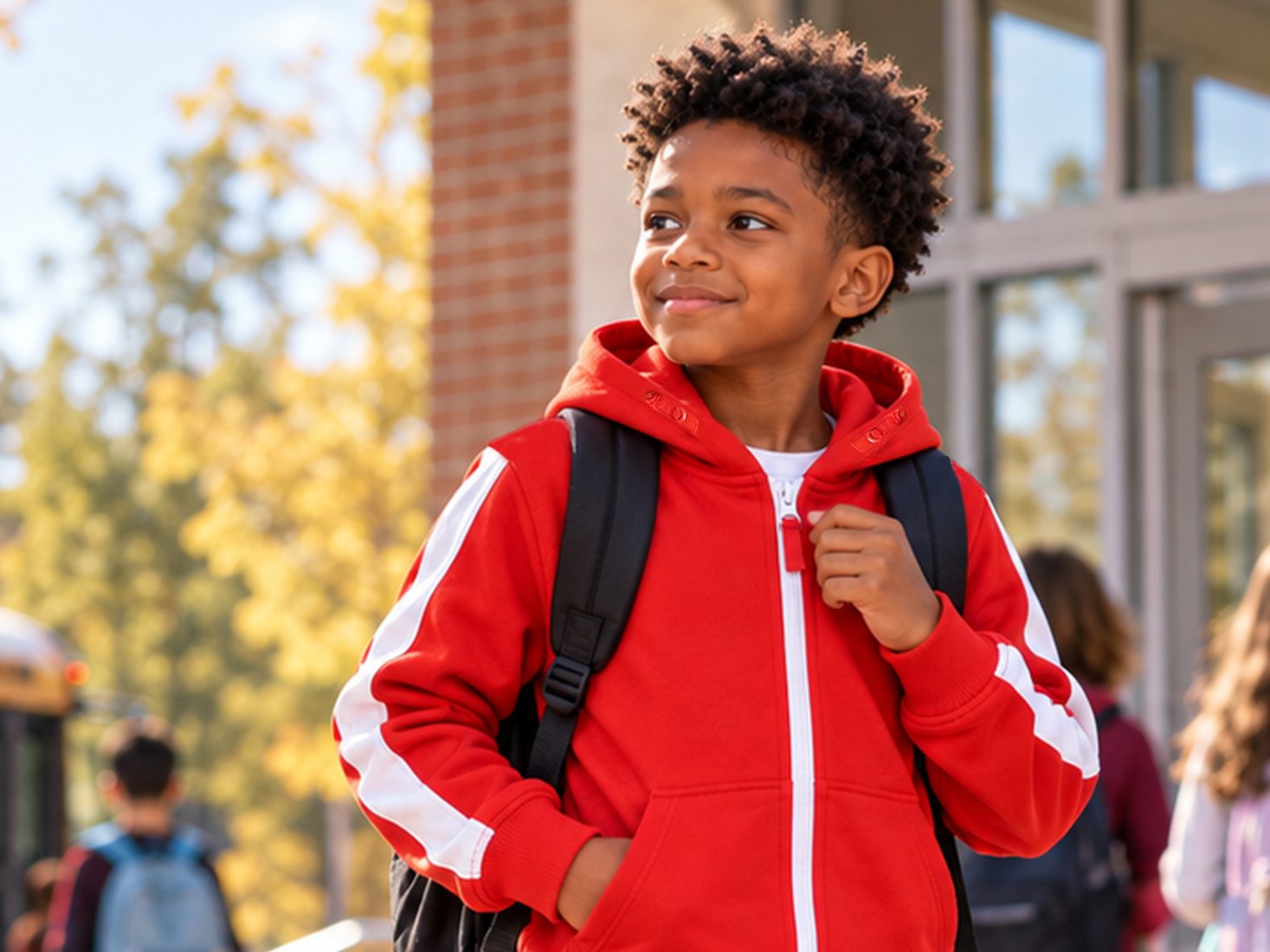 Boy in a red full-zip hoodie with a backpack, walking into school