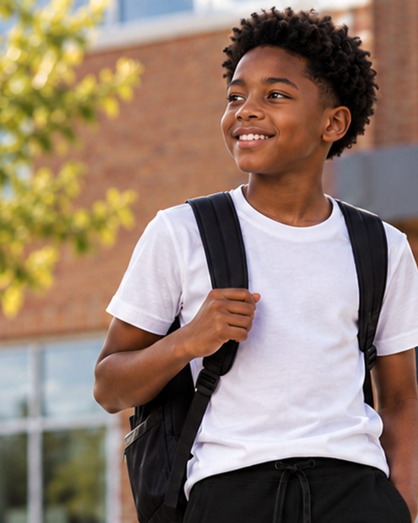 Smiling boy with a backpack on his way to class